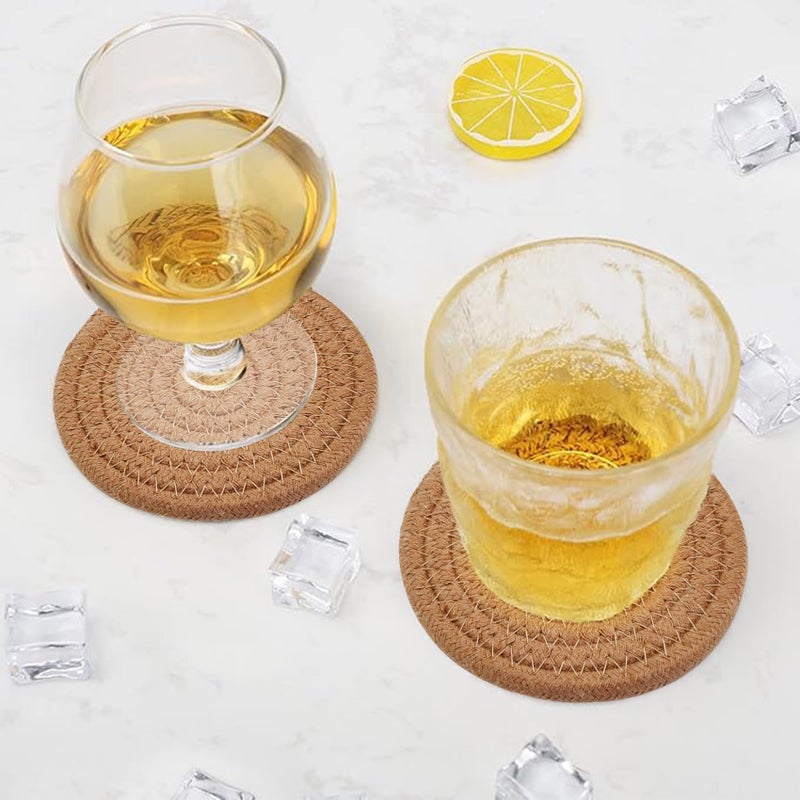 ABenkle 8 Pcs Drink Coasters with Holder  Cotton Woven Absorbent Coasters for Drinks  Minimalist Home Decor Coaster Set for Wooden Tabletop Protection Table  4.3 inches Brown - Image 5